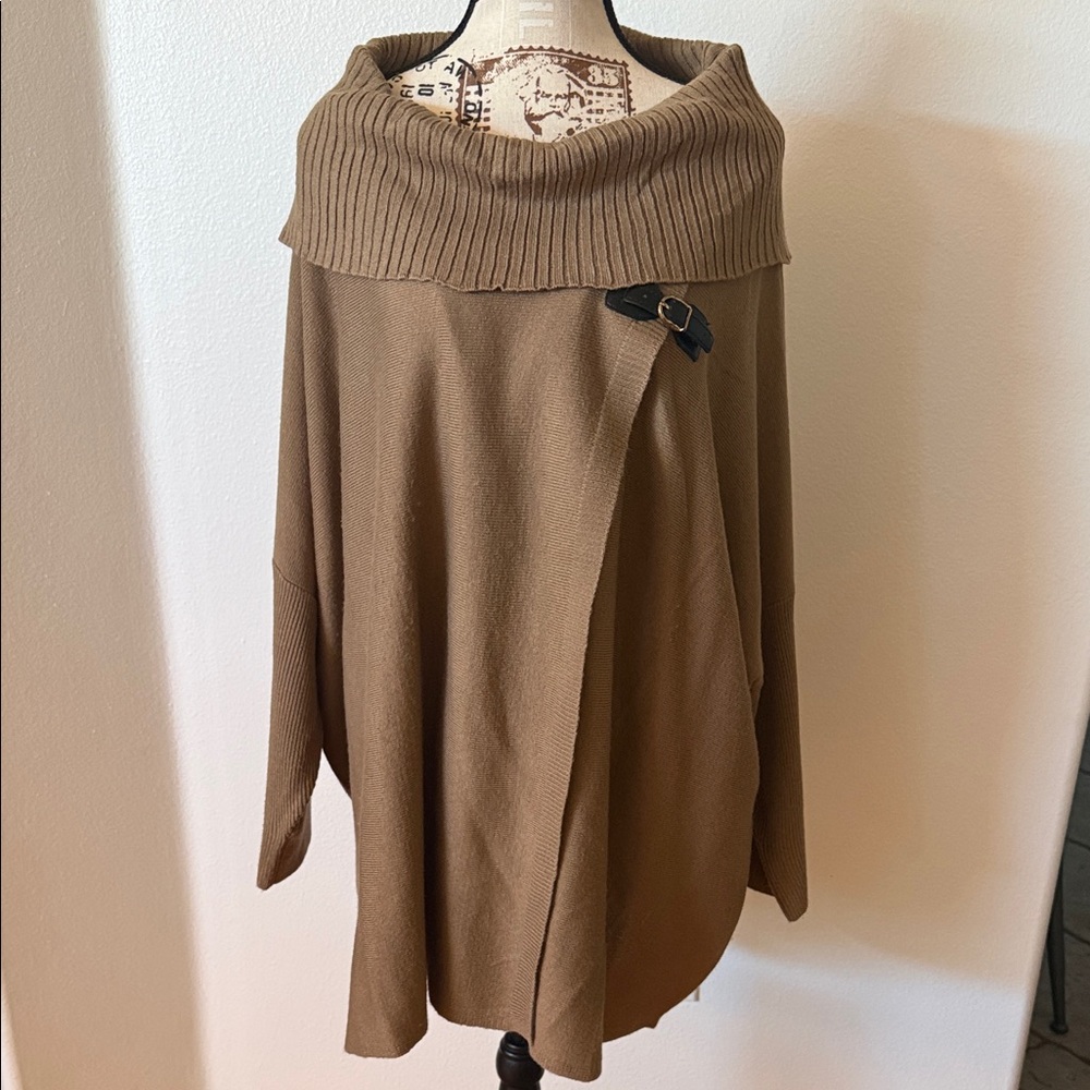 Sag Harbor Brown Fold-Over Cowl Tunic Sweater with Buckle Detail